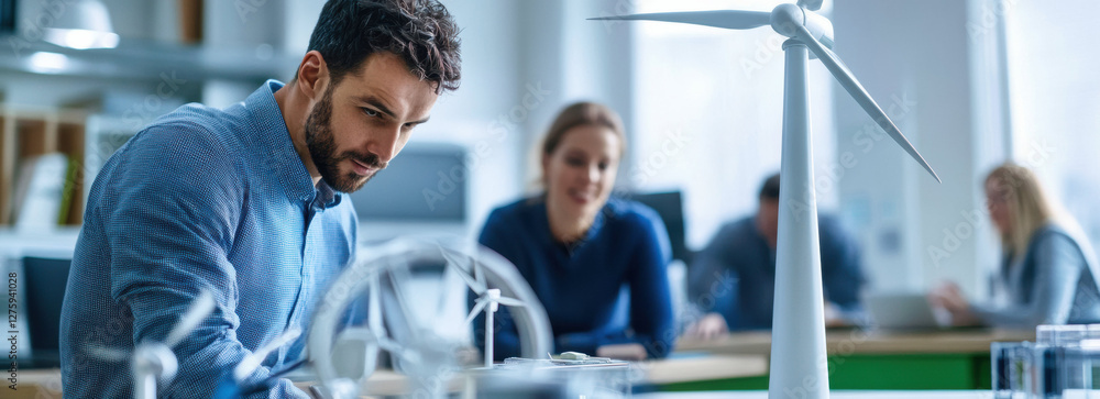 Poster focused team testing wind turbine models in modern office environment