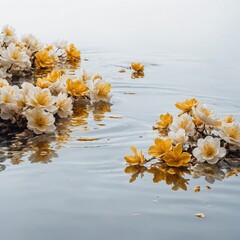 A surreal ocean where the water is liquid gold, reflecting colorful blossoms, on a pure white backdrop.