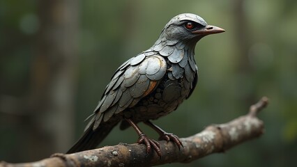 Obraz premium A beautifully rendered steampunk-inspired mechanical bird with intricate metallic feathers, sitting gracefully on a tree branch., ultra detailed, 8k resolution, HDR, professional