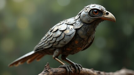 Fototapeta premium A beautifully rendered steampunk-inspired mechanical bird with intricate metallic feathers, sitting gracefully on a tree branch., ultra detailed, 8k resolution, HDR, professional