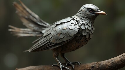 Obraz premium A beautifully rendered steampunk-inspired mechanical bird with intricate metallic feathers, sitting gracefully on a tree branch., ultra detailed, 8k resolution, HDR, professional