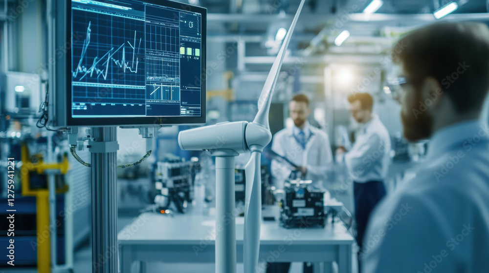 Poster Engineers analyzing wind turbine data in modern laboratory setting