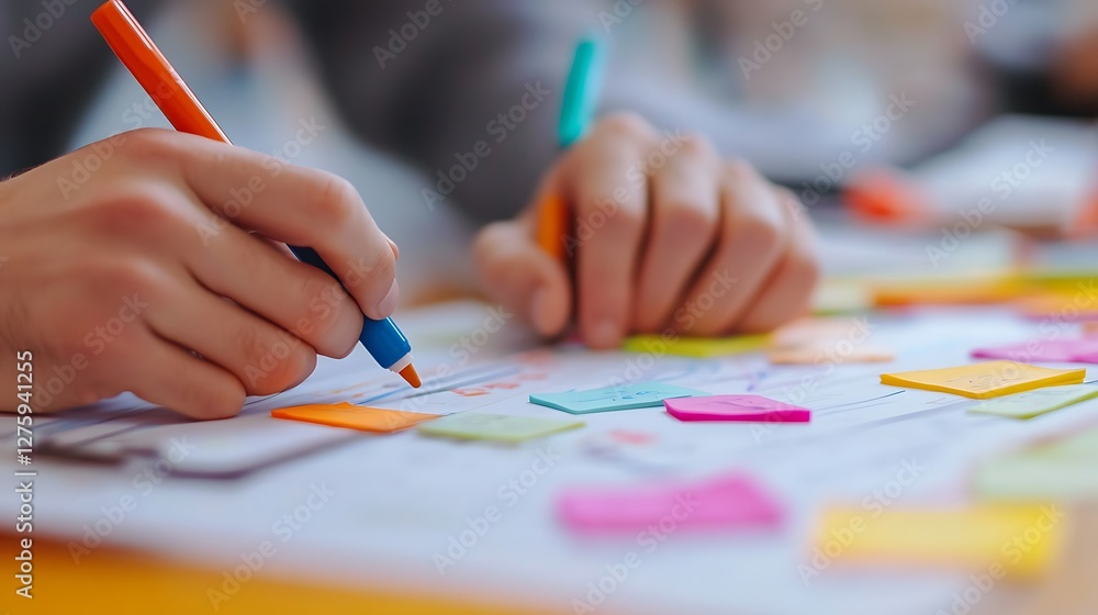 Poster hands holding pens, writing and organizing colorful sticky notes on a workspace.