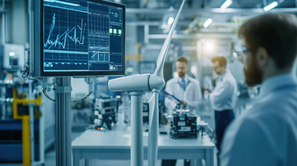 Fototapeta premium Engineers analyzing wind turbine data in modern laboratory setting