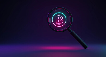 The magnifying glass features a neon pink and teal Bitcoin icon in the center, with the background fading to black at the edges, generative ai