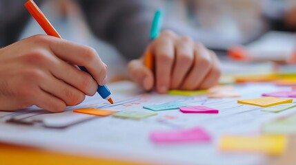 Hands holding pens, writing and organizing colorful sticky notes on a workspace.