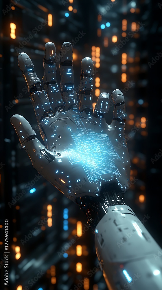 Poster Futuristic robotic hand with glowing particles in a digital environment.