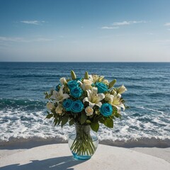 A serene ocean view with a gradient of blue and green hues, accented by a bouquet of roses and lilies, on a white backdrop.
