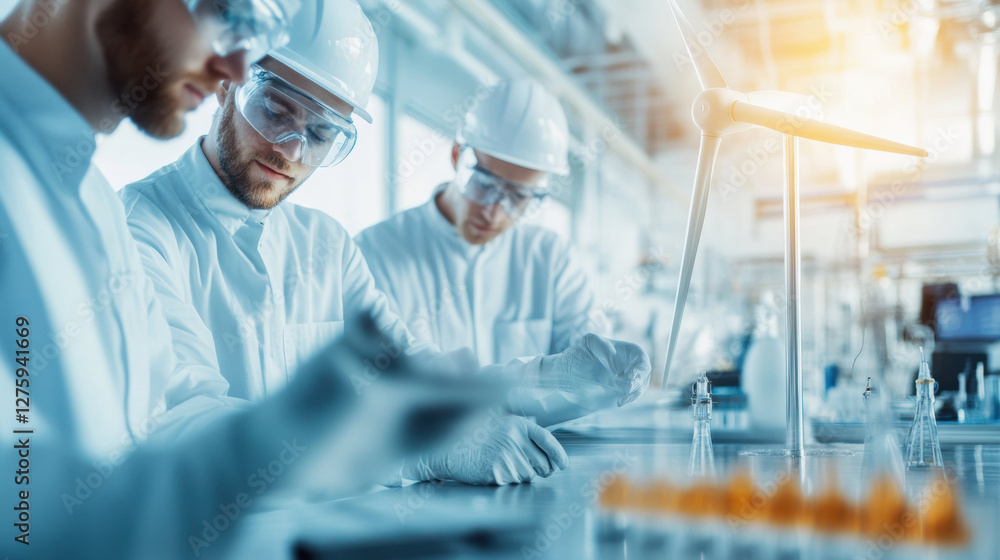Poster engineers collaborating in laboratory on renewable energy solutions