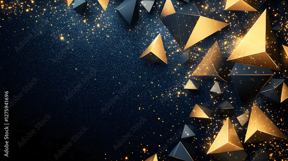 Poster abstract background with golden and black triangular pyramids on a sparkling dark blue surface