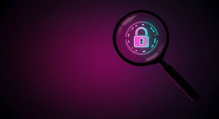 The magnifying glass has a neon pink and blue lock icon. The background turns black at the edges, generative ai