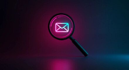 The magnifying glass has a neon pink and blue mail envelope icon. The background turns black at the edges, generative ai