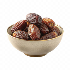 abstract 3d Royal dry dates lie in big bowl isolated on white background