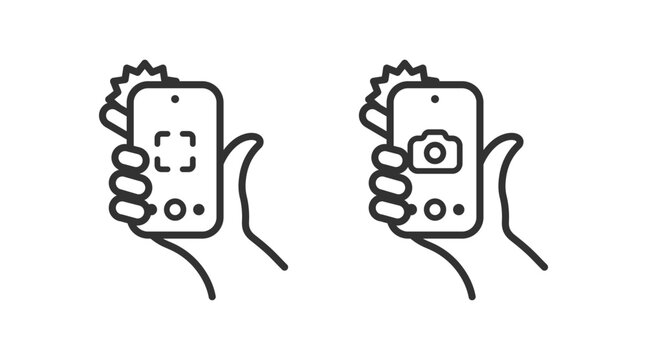 Take photo on phone icon. Hand hold mobile and do picture. Digital camera sign.