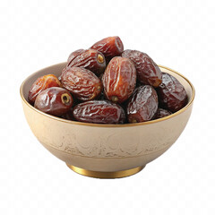 abstract 3d Royal dry dates lie in big bowl isolated on white background