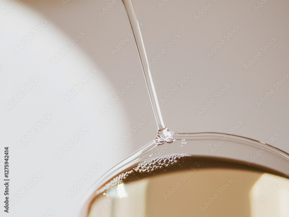 Poster close up image of viscous liquid being poured into clear container, showcasing its smooth texture an