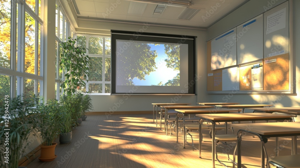 Poster a bright classroom with large windows, plants, and a projection screen displaying a scenic view of n