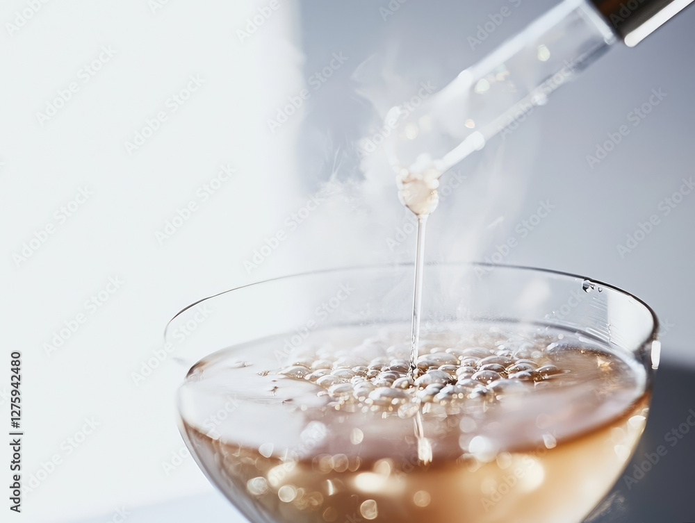 Poster scientific image of royal jelly formula being mixed with pipette, creating misty effect in glass con