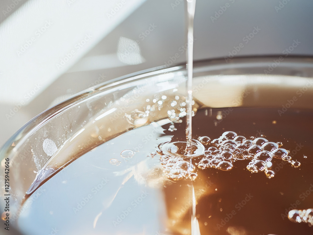 Poster close up image of viscous liquid being poured into glass container, creating bubbles and reflections