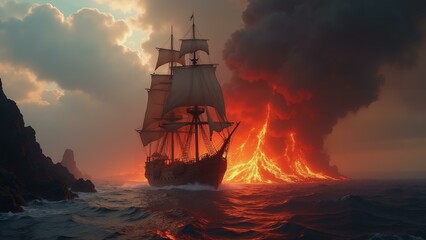 Fototapeta premium A gritty pirate ship navigates through a volcanic eruption, where molten lava cascades into the sea amidst thick ash and smoke., ultra detailed, 8k resolution, HDR, professional