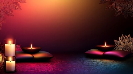 Candles on cushions in abstract floral backdrop. Possible use for relaxation, wellness, or spa imagery