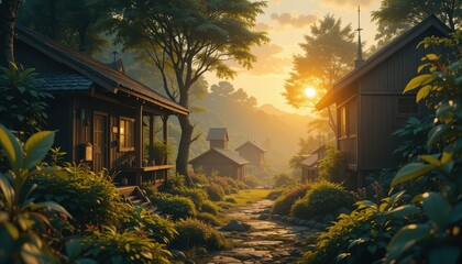 Serene Sunset Village Picturesque Wooden Cabins on a Stone Path Lush Greenery