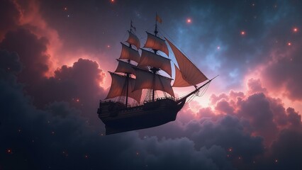 Fototapeta premium A stunning 8K pirate ship sails through a nebula, surrounded by stars and galaxies, with intricate textures creating a surreal, awe-inspiring atmosphere., ultra detailed, 8k resolution, HDR, pr