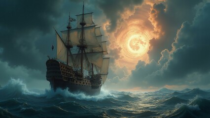   A captivating 8k resolution image featuring a pirate ship navigating through various time periods, with intricate details showcasing both the ship and its tim, ultra detailed, 8k resolution, HD