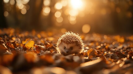 Fototapeta premium Adorable Hedgehog Curled in Autumn Leaves at Sunset in Nature
