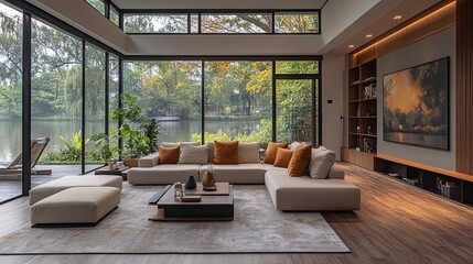 Modern living room with clean, minimal design and natural light, embodying simplicity and elegance.