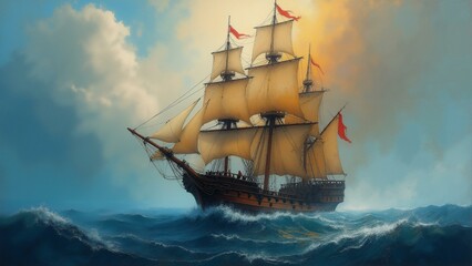 Fototapeta premium A detailed 8K pirate ship sailing through a painting with visible brushstrokes and textures., ultra detailed, 8k resolution, HDR, professional