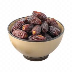 abstract 3d Royal dry dates lie in big bowl isolated on white background