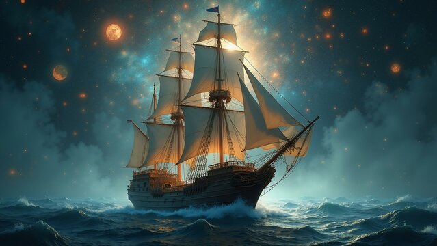   A pirate ship navigates a surreal sea of archetypal symbols within the Collective Unconscious. The ship's intricate details and textures reflect universal the, ultra detailed, 8k resolution, HD