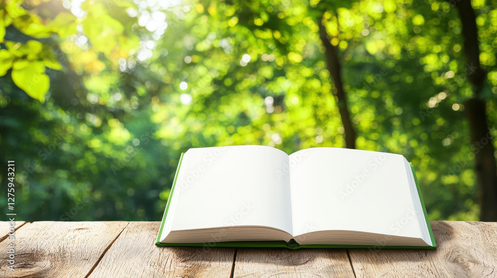 Poster open book on rustic table surrounded by lush greenery evokes sense of tranquility and connection to 