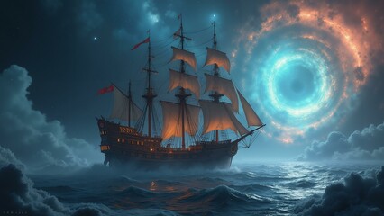 Fototapeta premium A majestic pirate vessel navigates through a breathtaking multiversal landscape, with intricate textures and infinite possibilities visible in the ship and it, ultra detailed, 8k resolution, HD