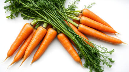 A vibrant bunch of fresh carrots with green stems, lying naturally on a white background. Hyperrealistic texture, visible root details, perfect cutout for food advertising.