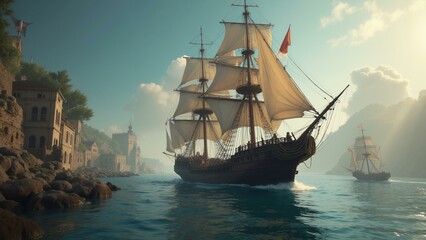 Obraz premium A historically accurate, high-quality pirate ship sailing through a detailed historical setting with intricate textures., ultra detailed, 8k resolution, HDR, professional