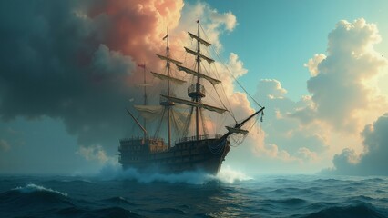 Obraz premium A stunningly detailed pirate ship navigates through a surreal dreamscape, with intricate textures merging seamlessly with abstract elements., ultra detailed, 8k resolution, HDR, professional