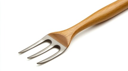 Obraz premium A close-up shot of a fork with a wooden handle on a white background