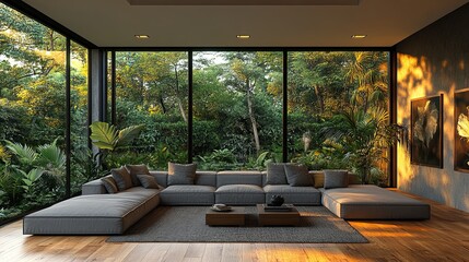 Modern living room with clean, minimal design and natural light, embodying simplicity and elegance.