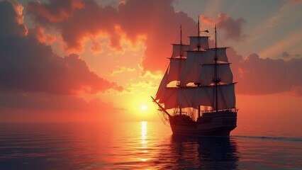 Fototapeta premium A serene pirate vessel glides towards a vibrant sunset, its intricate details visible against the stunningly colorful sky., ultra detailed, 8k resolution, HDR, professional