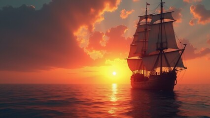   A serene pirate vessel glides towards a vibrant sunset, its intricate details visible against the stunningly colorful sky., ultra detailed, 8k resolution, HDR, professional