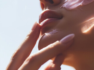 woman gently applies soothing cream to her face, focusing on her lips and cheeks, under soft natural light. close up captures smooth texture of skin and cream