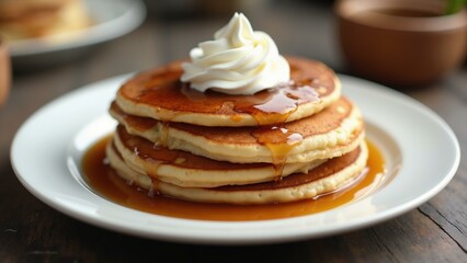   A mouth-watering pancake platter adorned with luscious syrup and creamy whipped cream, showcasing intricate textures in a stunning 8k resolution., ultra detailed, 8k resolution, HDR, profession