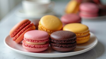 Obraz premium A visually stunning assortment of colorful and flavorful macarons, meticulously captured in high-resolution 8k food photography, highlighting their intricate , ultra detailed, 8k resolution, HD