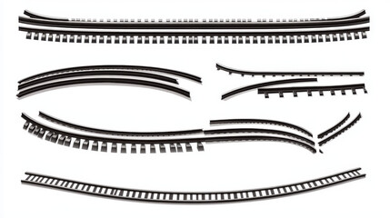 Fototapeta premium Train rails top view, railway track straight, curve and round path, steel sleepers for metro, logistics transportation construction isolated on transparent background. Realistic 3d vector illustration