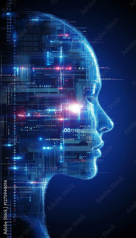 Poster artificial intelligence. human head profile made of illuminated circuit boards. technology concept.