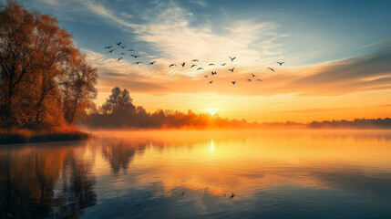 Fototapeta premium Sunrise landscape with lake, birds in sky, silhouettes on hills and trees on coast. Vector cartoon illustration of nature scenery with dawn, coniferous forest on river shore and sun on horizon