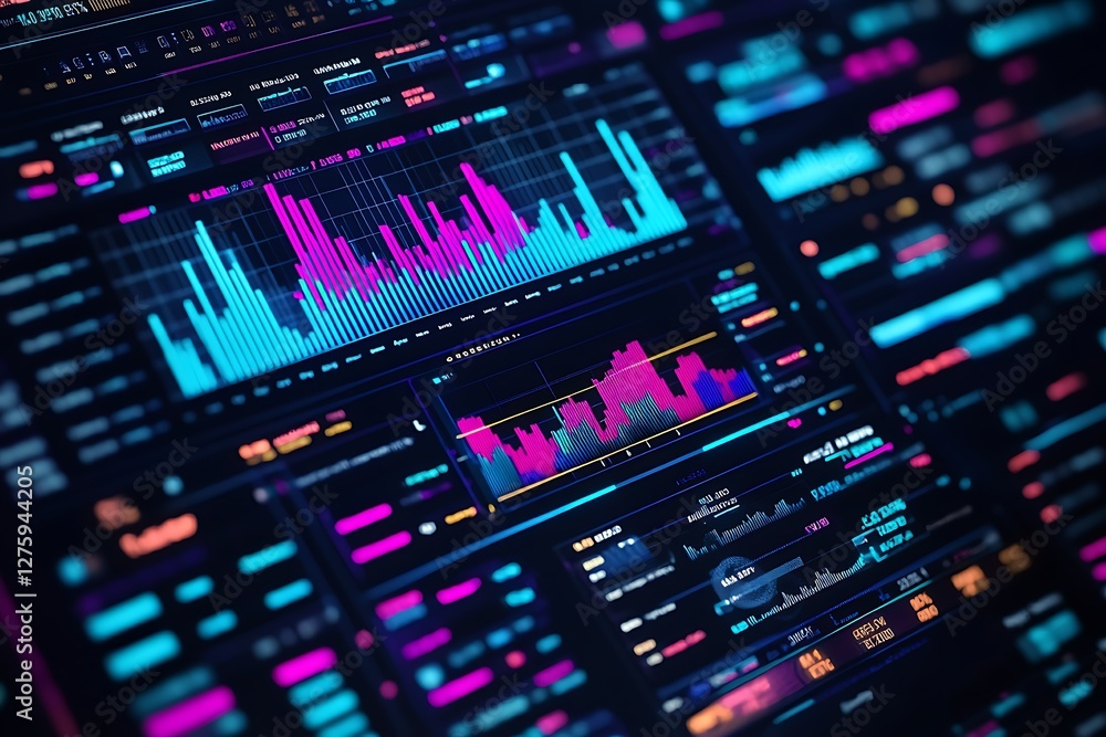 Poster Vibrant digital data visualization with graphs and charts in neon colors.