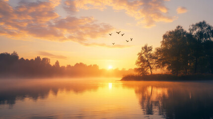 Sunrise landscape with lake, birds in sky, silhouettes on hills and trees on coast. Vector cartoon illustration of nature scenery with dawn, coniferous forest on river shore and sun on horizon